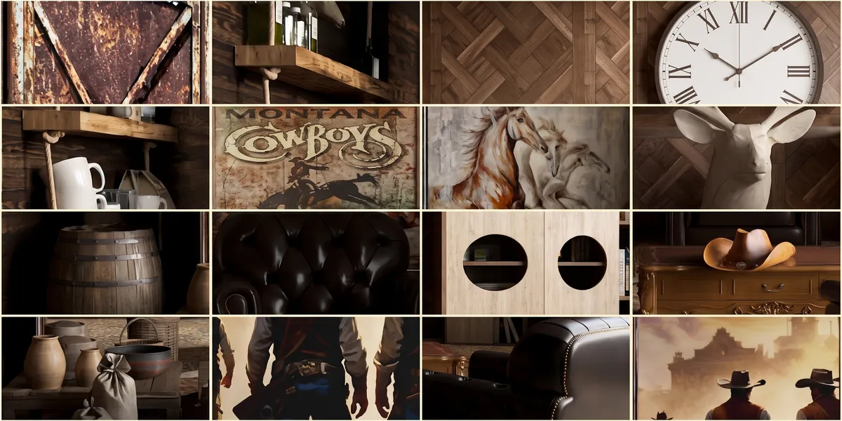 Illustrative furniture and decor board generated for this design