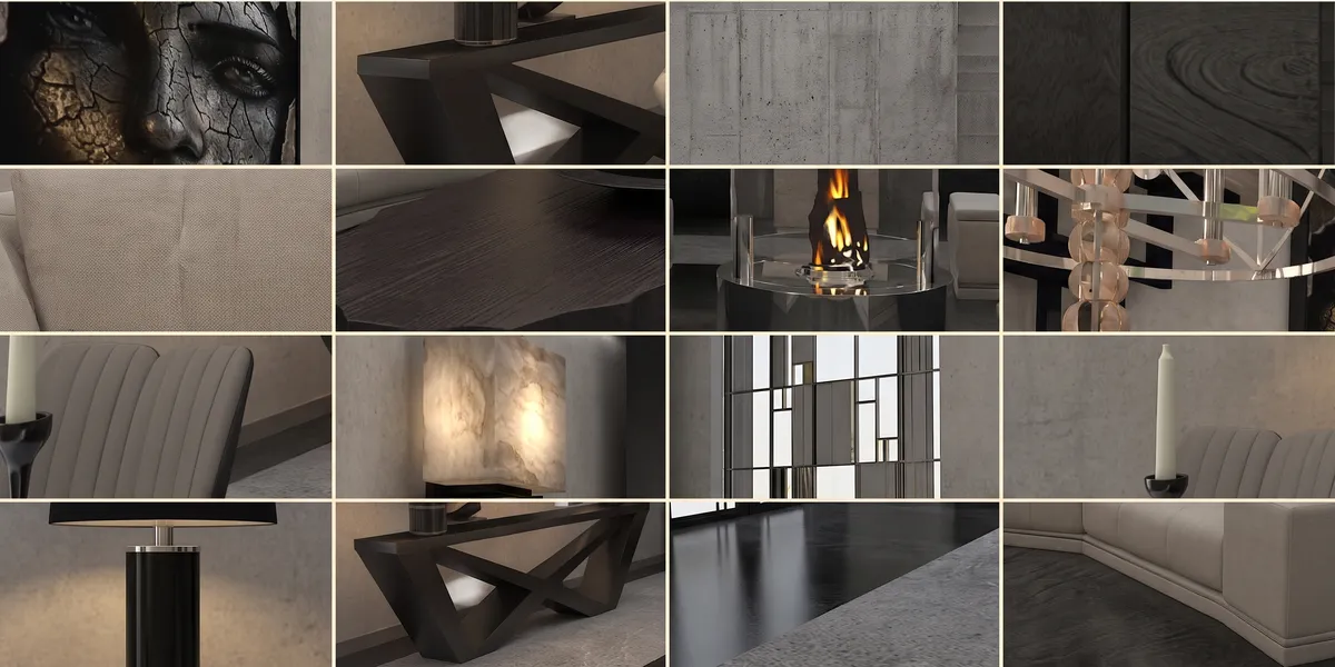 Illustrative furniture and decor board generated for this design