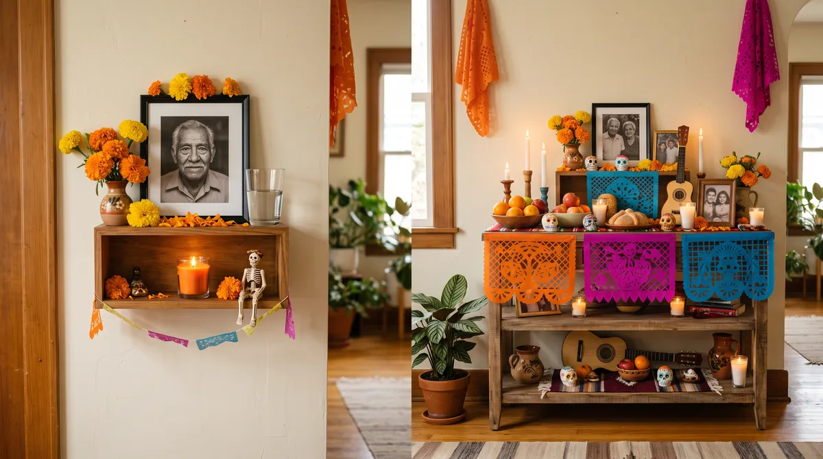 A compact shelf altar beside a larger three-tier home ofrenda with marigolds and personal keepsakes