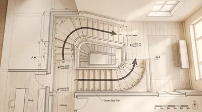 Floor plan stairs shown as a clear architectural blueprint with treads and direction