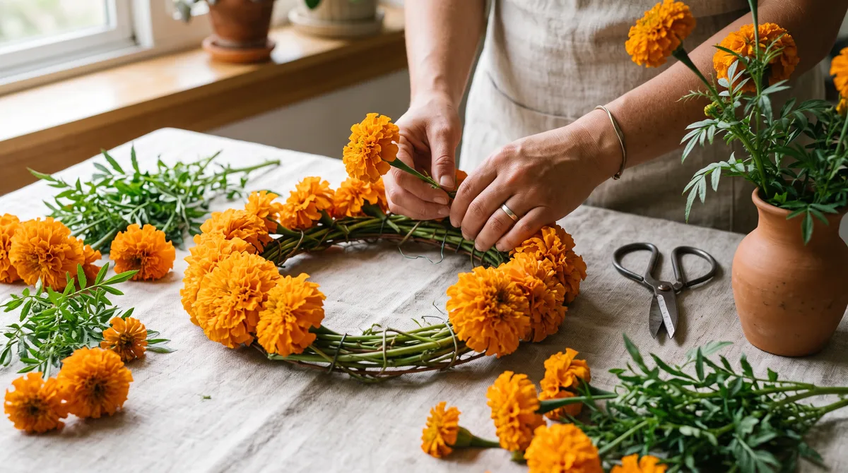 Hands arranging fresh orange cempasuchil marigolds on a plain linen-covered worktable