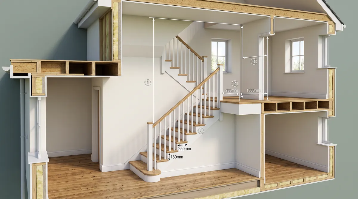 Architectural 3D view of a home staircase showing landing and headroom relationships
