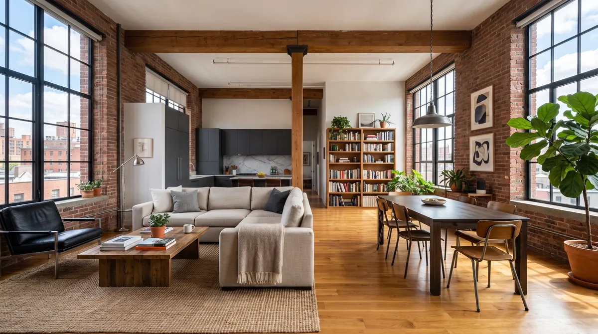 What is a loft: bright urban loft apartment with high ceilings and open living zones