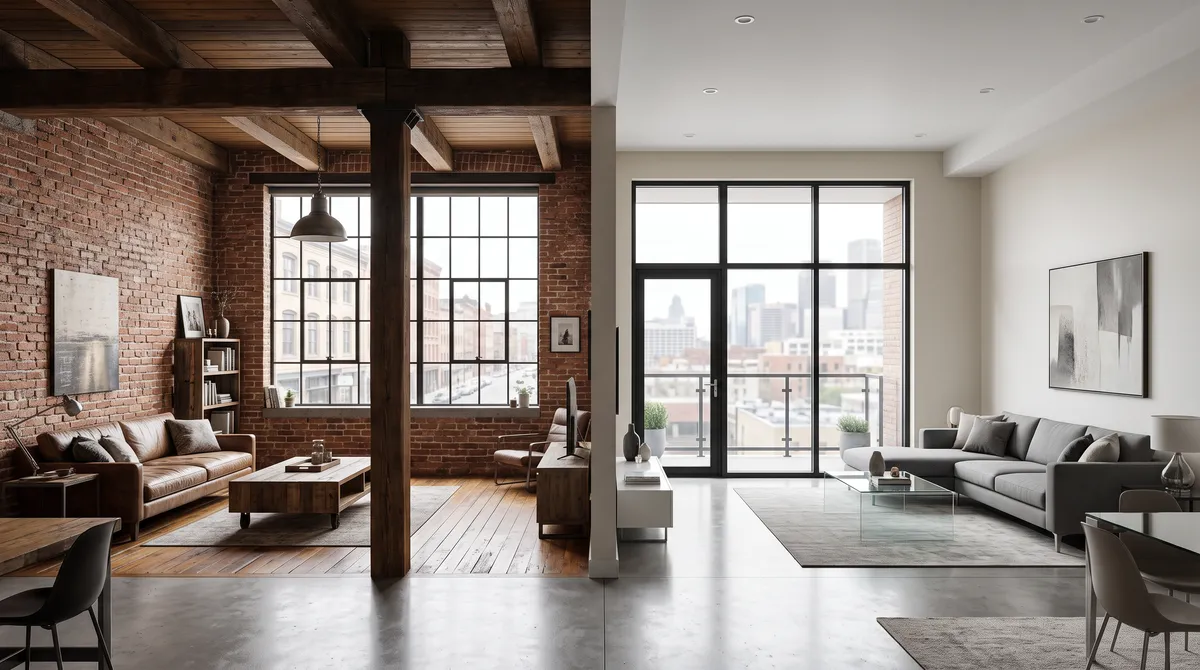 Hard loft and soft loft interiors with distinct architectural character
